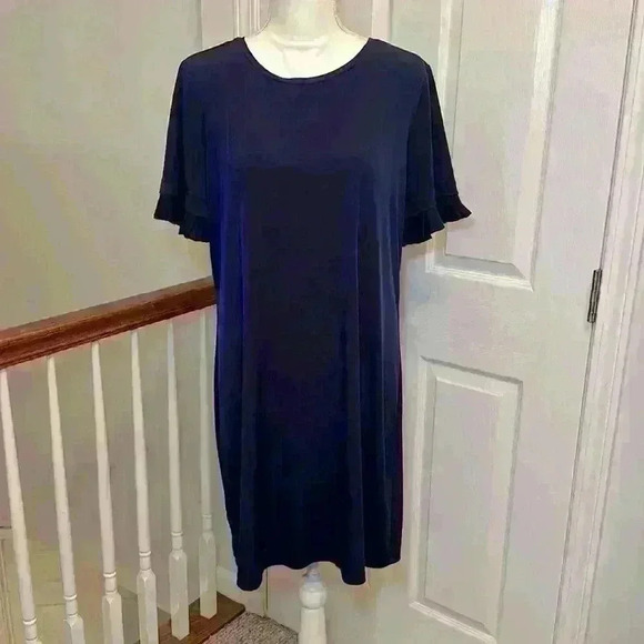 MICHAEL Kors Short Sleeve Stretch Navy Dress with Pleated Sleeves. Women Size L - Picture 2 of 10